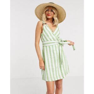Gilli wrap front mini‎ dress with tie waist detail in green stripe
